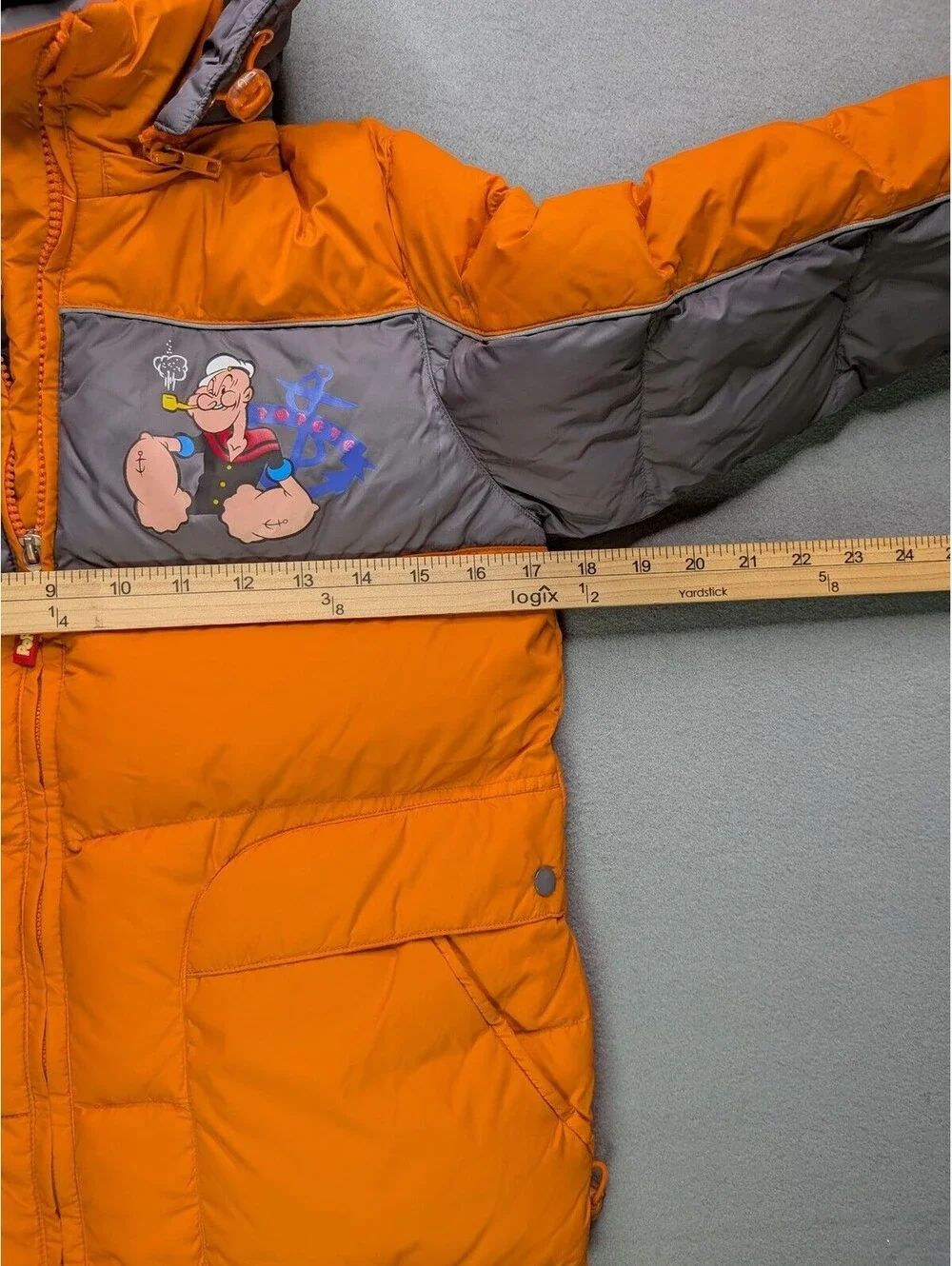 VTG Popeye Puffer Jacket Kids 7-8 Orange Gray Hooded Vintage Cartoon Winter Logo